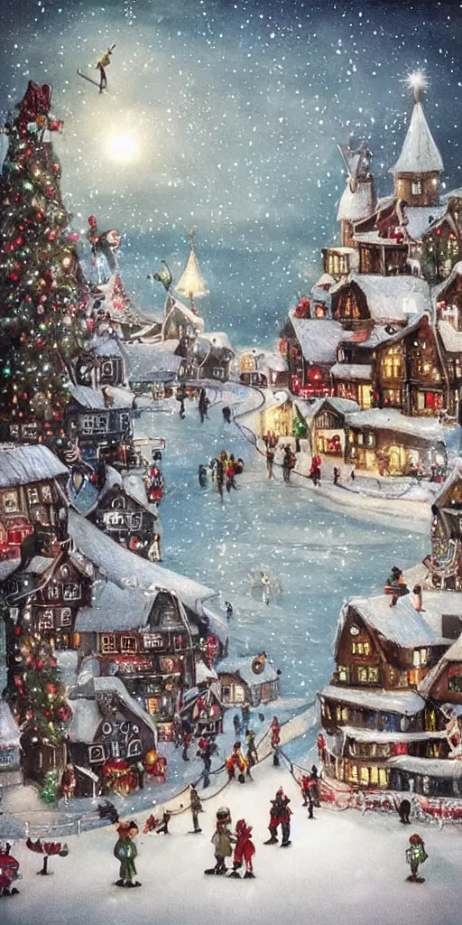 Image similar to a christmas ice skating village scene by alexander jansson
