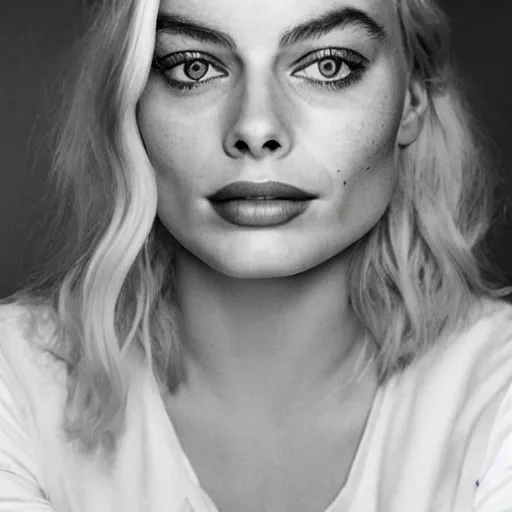 Prompt: photo of margot robbie, full platinum blond, pale skin, freckle, by diane arbus, realistic, high detail, high quality, trending on pinteresst