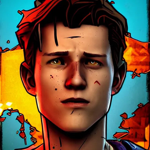 Image similar to tom holland portrait, borderlands, tales from the borderlands, the wolf among us, comic, cinematic lighting, studio quality, 8 k