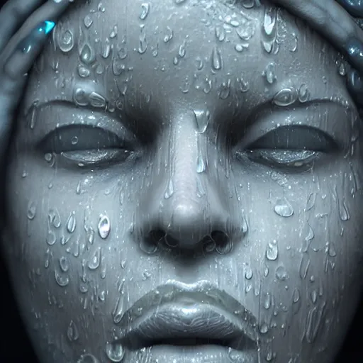 Image similar to human face sculpture made out of rain, neon, rendered in octane, unreal engine, highly detailed, fantasy, realistic, beautiful, cinematic