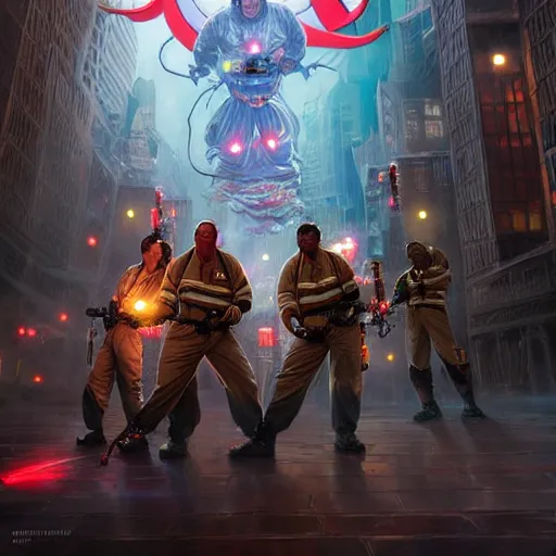 Image similar to ghostbusters, highly detailed, d & d, fantasy, hyper detailed, digital painting, trending on artstation, apollo, concept art, sharp focus, illustration, art by artgerm and magali villeneuve and greg rutkowski and michael whelan, cryengine, 8 k realistic atmospheric lighting, frostbite 3 engine, w 1 0 2 4