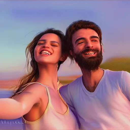 Image similar to beautiful serene intricate portrait of you and me taking a selfie, smiling softly, relaxing on the beach, golden hour, soft focus, 8 k, art by irakli nadar, hyperrealism, hyperdetailed, ultra realistic