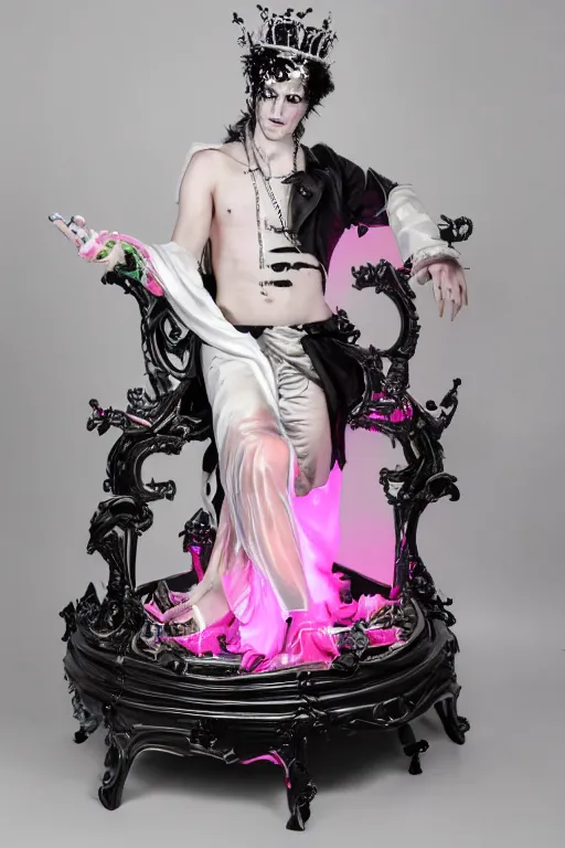 Image similar to full-body rococo and cyberpunk style neon statue of a seductive attractive Spanish android sin ropa reclining con las piernas abertas e la piroca e dotado, pecho peludo, ethereal white dripping tar, glowing orange lasers, pink tigers, glowing eyes, silver prince crown, black gears, pink diamonds, swirling mint-colored silk fabric. futuristic elements. full-length view. human skulls. large intricate artwork by caravaggio. Trending on artstation, octane render, cinematic lighting from the right, hyper realism, octane render, 8k, depth of field, 3D