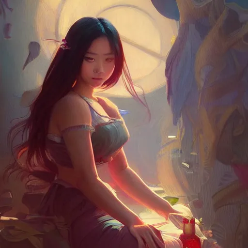 Image similar to setting next to your cute asian girlfriend at the movies,!! cute!!, happy, first - person pov, highly detailed, digital painting, artstation, concept art, sharp focus, illustration, cinematic lighting, art by artgerm and greg rutkowski and alphonse mucha