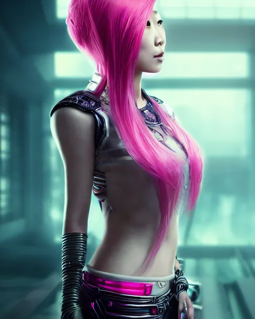 Image similar to portrait of a beautiful asian woman with pink hair as a cyberpunk cyborg, sci - fi, missing panels, intricate abstract upper body intricate artwork, concept art, octane render, deviantart, cinematic, key art, hyperrealism, iridescent accents, portrait photograph, nikon 3 5 mm, photograph by annie leibovitz and steve mccurry, greg rutkowski