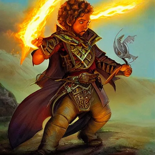 Prompt: beautiful painting of a very short and small male halfing bard from pathfinder, casting fireball, painted by larry elmore, wayne reynolds, greg rutkowski, magic the gathering, dungeons and dragons,