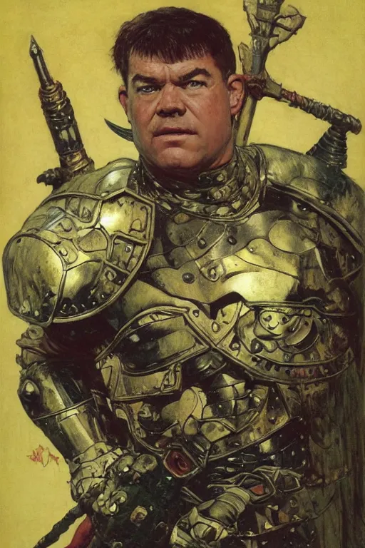 Image similar to head and torso portrait of jocko willink as huge armoured warrior wearing a cape in the style of marvel's jack kirby, dynamic action, by lawrence alma tadema and zdzislaw beksinski and norman rockwell and tom lovell and greg staples and john william waterhouse