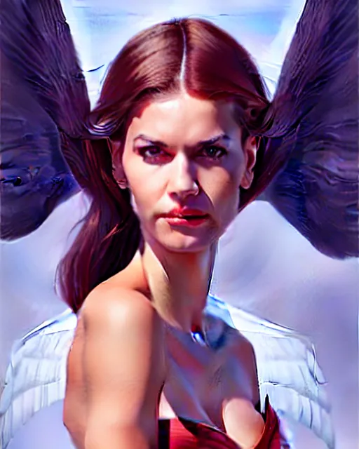 Image similar to portrait of a powerful pretty woman with wings, digital painting, artstation, concept art, smooth, sharp focus, illustration, disney, fine details. art by alex ross, brittney lee