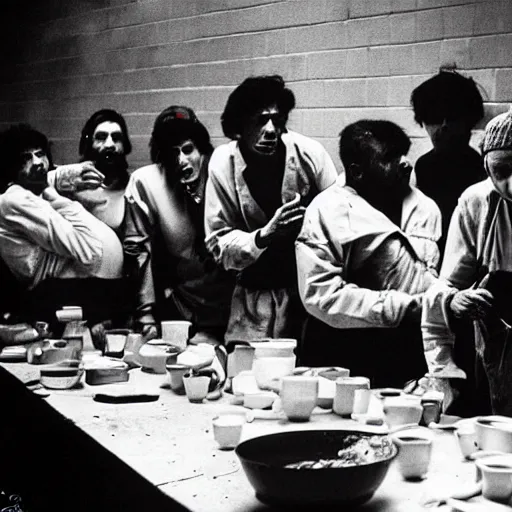 Image similar to Award Winning Editorial Masterpiece picture of a Tramps in a new York Soup Kitchen by David Bailey CBE, The Last Supper