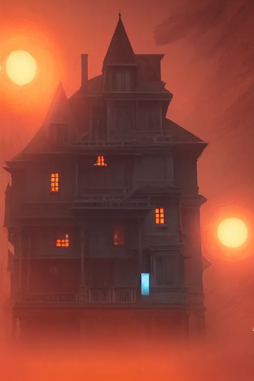 Prompt: A Victorian House of The Void with glowing orange eyeballs staring out from the windows, Red and Orange colored, Lovecraftian, 4k, masterpiece, cinematic, by Greg Rutkowski, Trending on Artstation, Behance. Polished, Volumetric Lighting