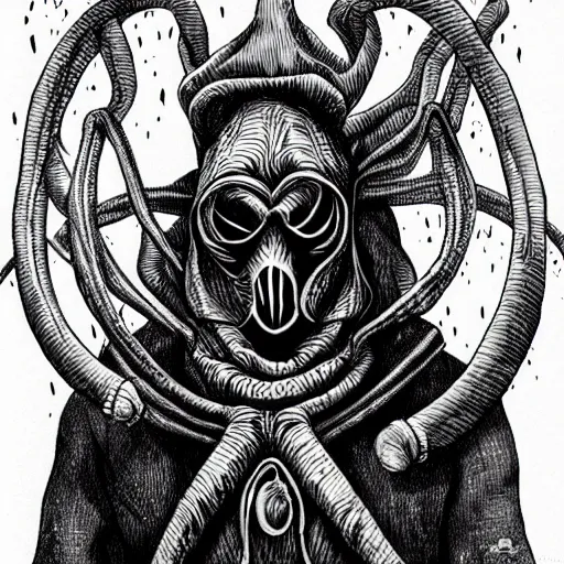 Prompt: black ink on paper, illithid in a straitjacket, trending on artstation, beautiful, intricate, detailed