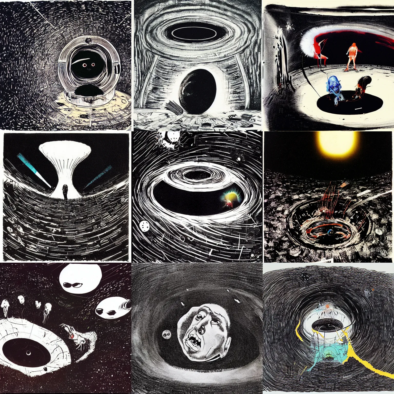 Prompt: The inside of a blackhole, by Ralph Steadman, Francis Bacon, Hunter S Thompson