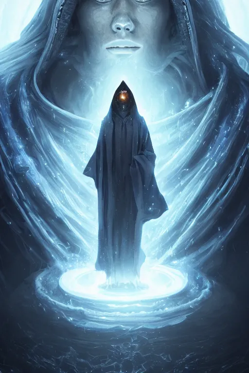 Image similar to a full body portrait of a mysterious sorcerer with a very long hooded grey and blue cloak made of stars and clouds standing infront of an altar by maciej kuciara and jason chan, ominous, cosmic horror, trending on artstation, ultra detailed, hyper realistic 4 k