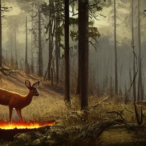 Prompt: a forest in a extreme fallout, with radioactive paths and flames everywhere, a deer is in the middle of the scenery and drinks out of a lake by greg rutkowski, 4 k, realistic oil painting