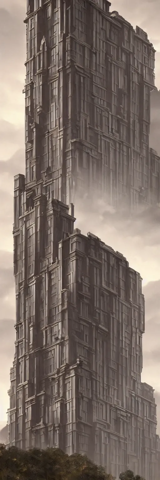 Image similar to very tall victorian-art deco house, Dynamic lighting, cinematic, establishing shot, extremely high detail, photo realistic, cinematic lighting, , post processed denoised, concept design, concept art, artstation, matte painting, midjourney, style by alex ross, raphael lacoste, eddie mendoza