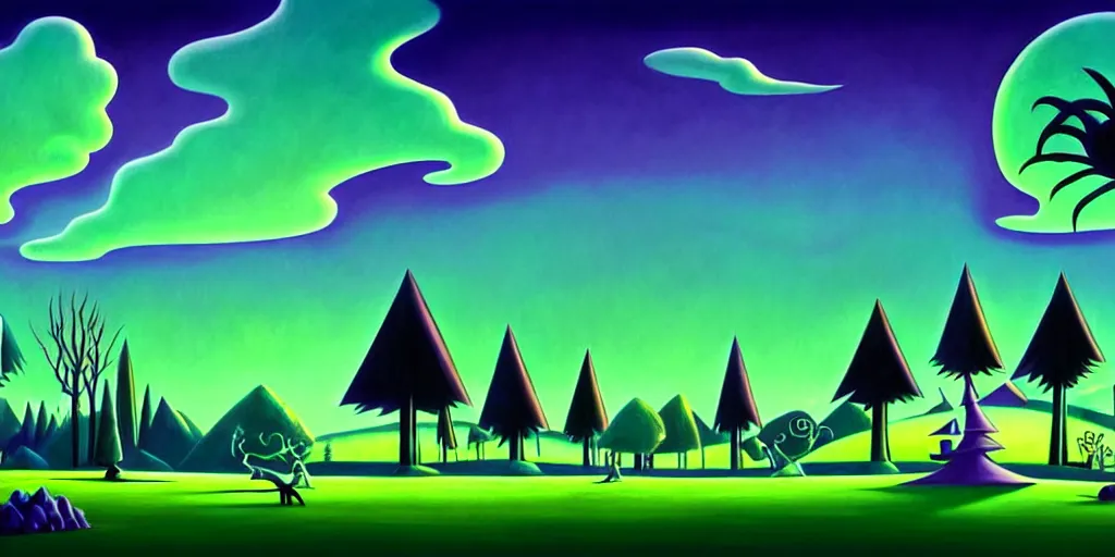 Prompt: a cartoon night landscape game background in art deco surrealism, artstation, nightmare before christmas, black green blue magenta
