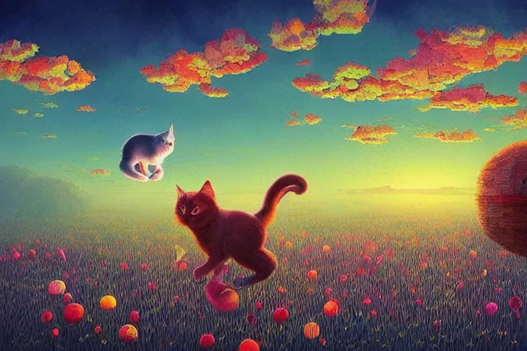 Image similar to surreal cat floating in the sky, summer morning, very coherent and colorful high contrast, art by!!!! gediminas pranckevicius!!!!, geof darrow, dark shadows, hard lighting