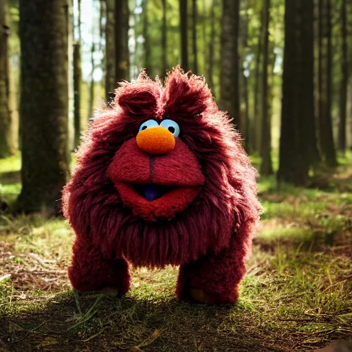 Prompt: a fluffy muppet in the shape of elmo woth brown fur and with rabbit ears wearing a karate uniform out in nature, photography, photorealistic, muppet, national geohraphic