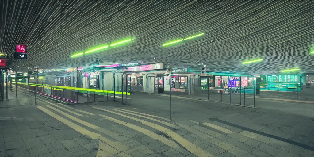 Image similar to empty subway station at night lit up by fluorescent, led and neon lights, night photography