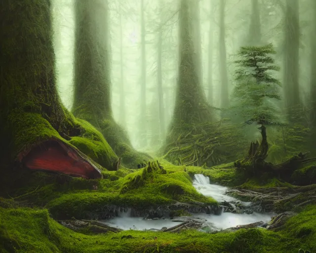 Image similar to Fantasy Oil painting of Hoh National Forest and logs covered in moss, Greg Rutkowski, National Geograpic, Trending on Artstation, Morning Glow