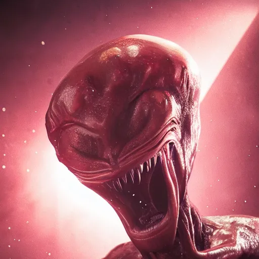 Image similar to alien, big head, dramatic pose, blood splatters, 8 k, hyperrealistic, octane render, dramatic