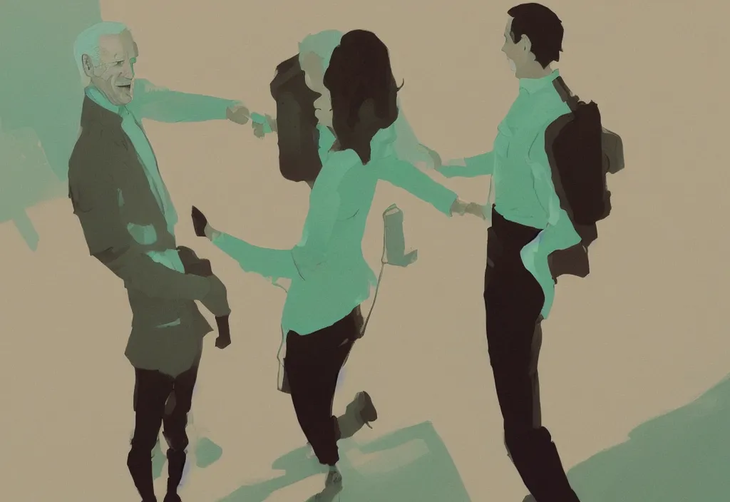 Prompt: joe biden and anya taylor - joy shaking hands, by atey ghailan, by greg rutkowski, by greg tocchini, by james gilleard, by joe gb fenton, dynamic lighting, gradient light green, brown, blonde cream, salad and white colors in scheme, grunge aesthetic