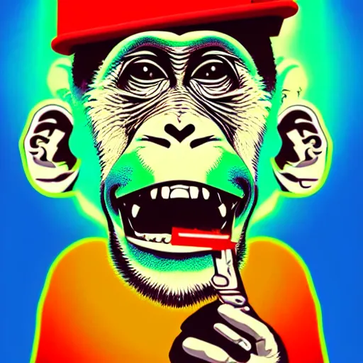 Image similar to a drug psa with monkey who high with marijuana, pop art, digiral art, highly rendered, octane rendered, 2 d style, colorful, colorama