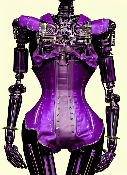 Prompt: beautiful female robot, wearing an intricate purple corset, burlesque, perfect features, anatomically correct, arms by her side, symmetrical facial features, expression of longing for more, elegant, futuristic, fantasy, artsy, digital art,