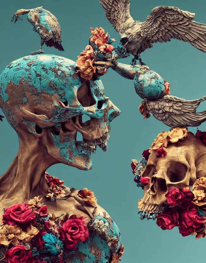 Prompt: rodin Mikelandgelo sculpture , birds, skulls, flowers. baroque elements, human skull. intricate artwork by artstation. halo. octane render, cinematic, hyper realism, octane render, 8k, depth of field, bokeh. iridescent accents. vibrant. teal and gold and red colour scheme