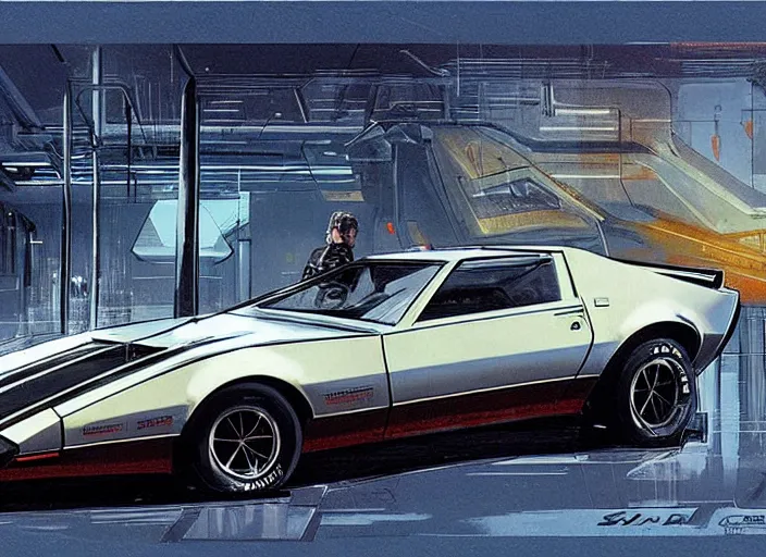 Prompt: syd mead concept art. kitt 1 9 8 2 pontiac trans am. style blade runner 2 0 4 9, retro, retro futurist. concept art by syd mead