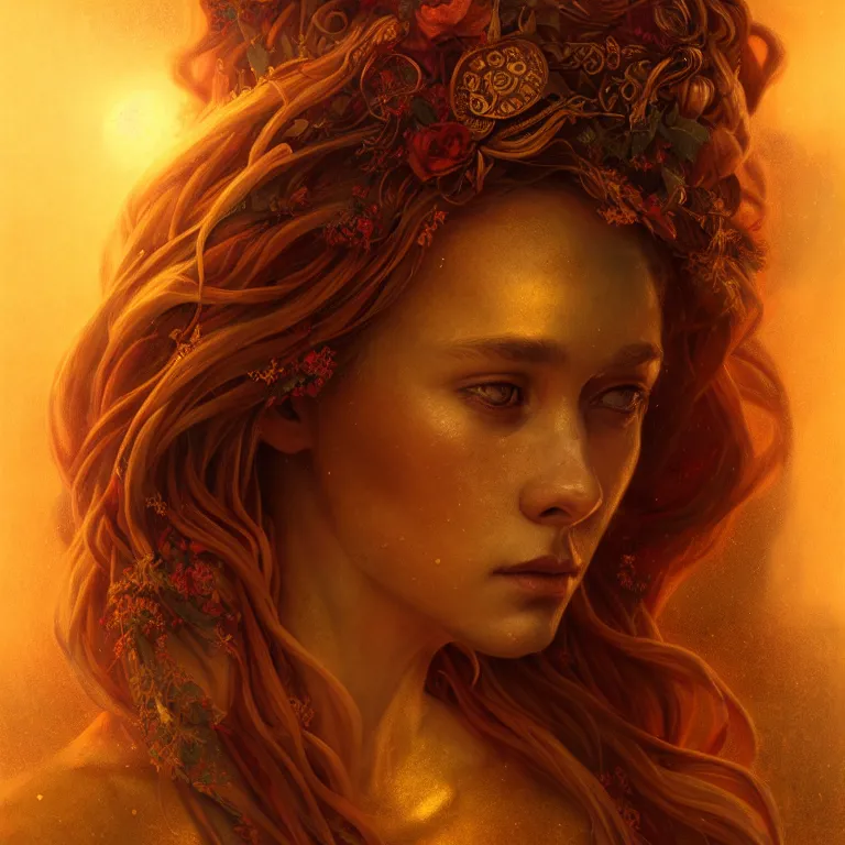 Image similar to majestic gracious regal goddess persephone portrait, ancient greece, elysium, atmospheric lighting, painted, intricate, volumetric lighting, beautiful, rich deep colours masterpiece, golden hour, sharp focus, ultra detailed, by leesha hannigan, ross tran, thierry doizon, kai carpenter, ignacio fernandez rios