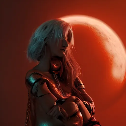 Prompt: portrait of moon witch, beautiful, attractive, glowing, jaw dropping, magical, dynamic lighting, dark, menacing, 4 k, octane render, age 2 0, background moon, anime