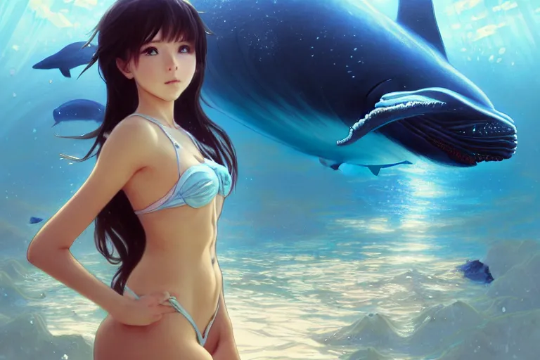Prompt: a panorama distant view under the water, underwater world, anime art full body portrait character concept art, hyper detailed cg rendering of a cute girl and whale, elegant, highly detailed, digital painting, artstation, concept art, smooth, sharp focus, illustration, art by artgerm and greg rutkowski and alphonse mucha, 8 k