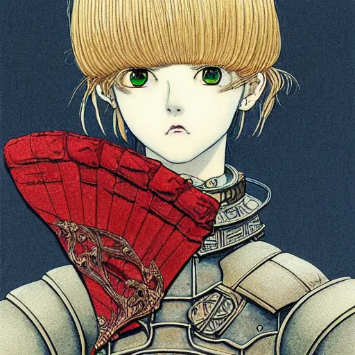 Image similar to prompt : portrait of knight painted in miyazaki color style drawn by katsuhiro otomo and takato yamamoto, inspired by fables, china doll face, smooth face feature, intricate oil painting, high detail, sharp high detail, manga and anime 2 0 0 0