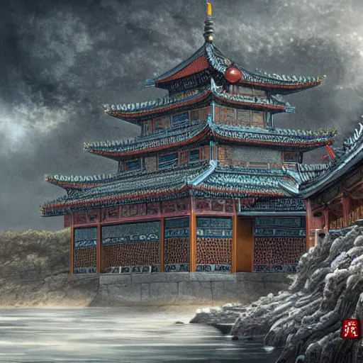 Image similar to dynamic composition, motion, ultra-detailed, incredibly detailed, a lot of details, amazing fine details and brush strokes, colorful and grayish palette, smooth, HD semirealistic anime CG concept art digital painting, watercolor oil painting of epic castle gate, from Three Kingdoms, by a Chinese artist at ArtStation, by Huang Guangjian, Fenghua Zhong, Ruan Jia, Xin Jin and Wei Chang. Realistic artwork of a Chinese videogame, gradients, gentle an harmonic grayish colors.