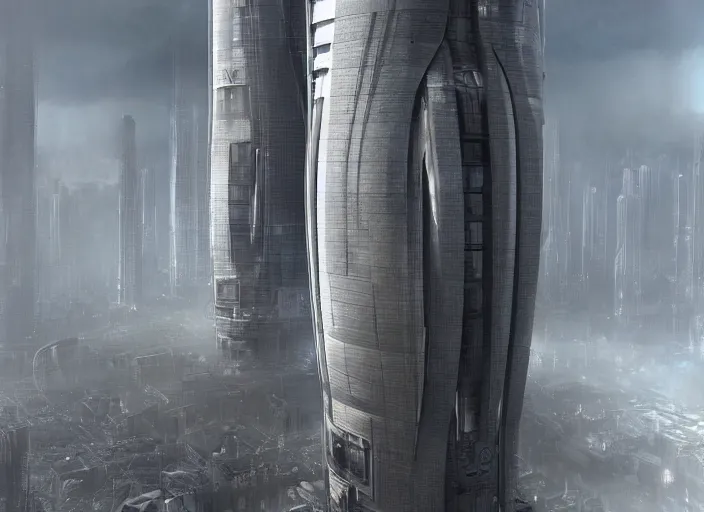 Image similar to a detailed sci - fi render of a dystopian mediaset tower, neo milano 3 by h. r. giger, trending on cgsociety, space art, lovecraftian sci - fi, 4 k