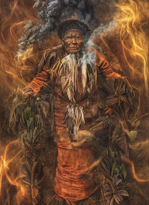 Image similar to a vision of the tobacco plant teacher spirit as an old indigenous man during an ayahuasca ceremony, surrounded by thick smoke, fractals, fantasy art, matte painting, highly detailed