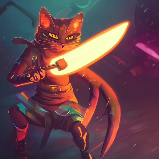 Prompt: cute angry ninja cyberpunk cat fighting with a lase sword, artstation, highly detailed, colorfull, digital painting, deep focus, sharp, smooth, rossdraws