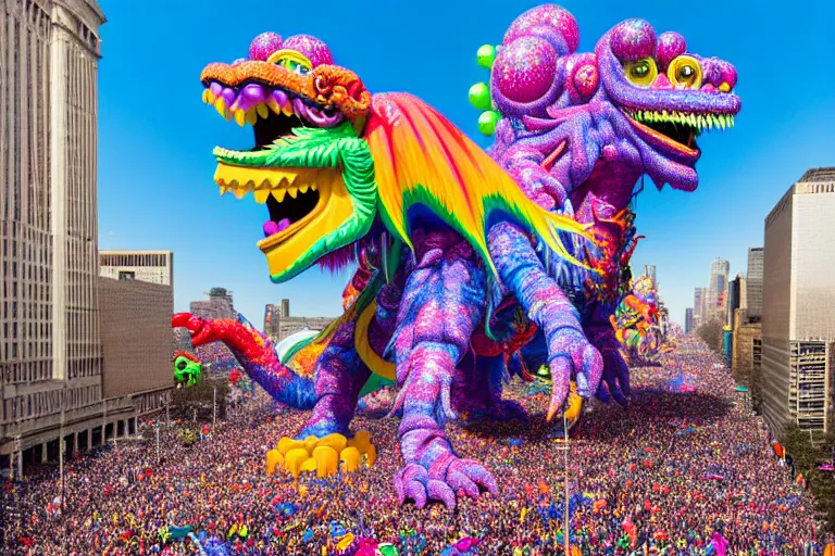 Image similar to photo of giant colorful beautiful elaborate parade float monster creature designed by lisa frank and geof darrow, in the macys parade, detailed 4 k photo, gigapixel, hyperdetailed