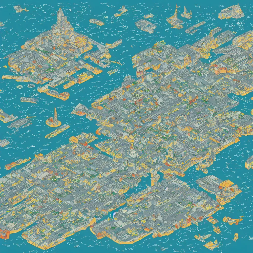 Prompt: a detailed infographic map of a futuristic city located in an island surrounded by water with a few flying ships stationed around it, in the style of diego rivera schiele, full color, axonometric exploded view