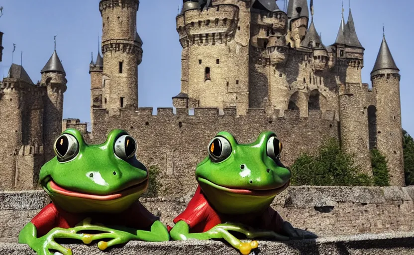 Image similar to happy frogs at a medieval throne castle, highly detailed, extremely high quality, hd, 4 k, 8 k, professional photographer, 4 0 mp, lifelike, top - rated, award winning, cinematic, realistic, detailed lighting, detailed shadows, sharp, no blur, edited, corrected, trending