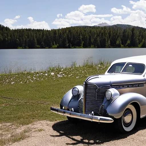 Image similar to photo of a 1 9 3 6 chrysler airstream parked at a lake