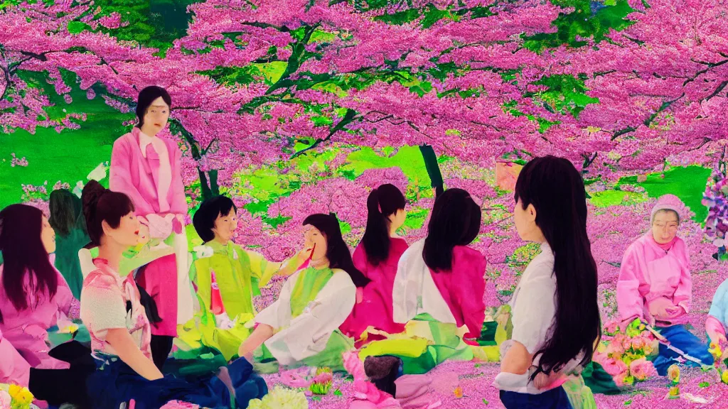 Prompt: close - up, of a woman in a small group of people flower viewing sakura picnic, japan, a collage painting, in the style of wes anderson, lola dupre, david hockney, isolated on negative white space background dark monochrome neon fluorescent spraypaint accents volumetric octane render