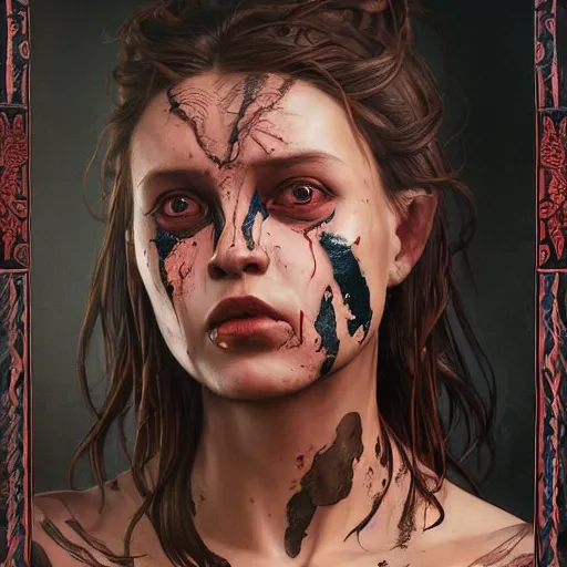 Image similar to portrait painting of a muscular bloodied tribal girl butcher, tattooed, symmetric, fat, ultra realistic, concept art, intricate details, eerie, highly detailed, photorealistic, octane render, 8 k, unreal engine. art by artgerm and greg rutkowski and alphonse mucha