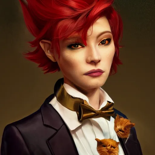 Prompt: portrait of a beautiful nonbinary actor with dark skin and messy short red hair wearing a men's suit, elf ears and gold cat's eyes, by Gerald Brom and Ross Tran, dramatic lighting, 4K, trending on artstation