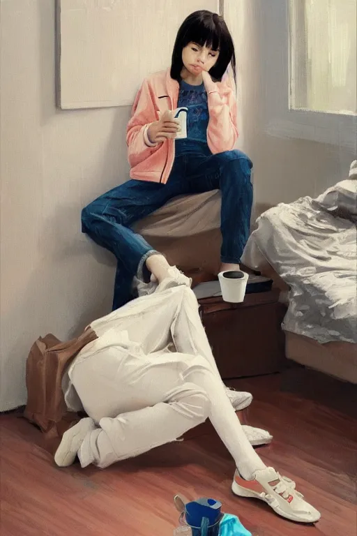 Image similar to A ultradetailed beautiful panting of a stylish girl sitting on the floor of a messy apartment, she is wearing an oversized Nike jacket, she is holding a Styrofoam cup, Oil painting, by Ilya Kuvshinov, Greg Rutkowski and Makoto Shinkai