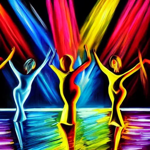 Image similar to dark dancing silhuettes in a dance club, colorful lights, dramatic lighting, a lot of energy, oil painting, hyperrealistic, very detailed, high quality