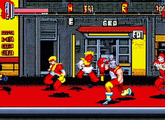 Prompt: screenshot of ronald mcdonald, white face, red afro, red nose and yellow outfit as an enemy in streets of rage video game, sega genesis video game