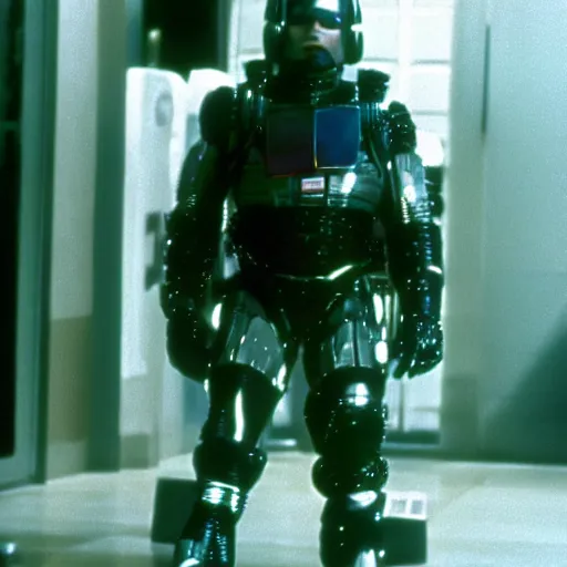 Prompt: danny devito as robocop, 35mm 1980s film still