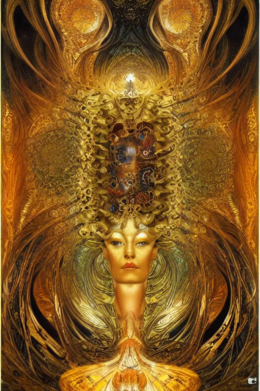 Image similar to Divine Chaos Engine by Karol Bak, Jean Deville, Gustav Klimt, and Vincent Van Gogh, visionary, sacred fractal structures, ornate gilded medieval icon, spirals, 8k 3D